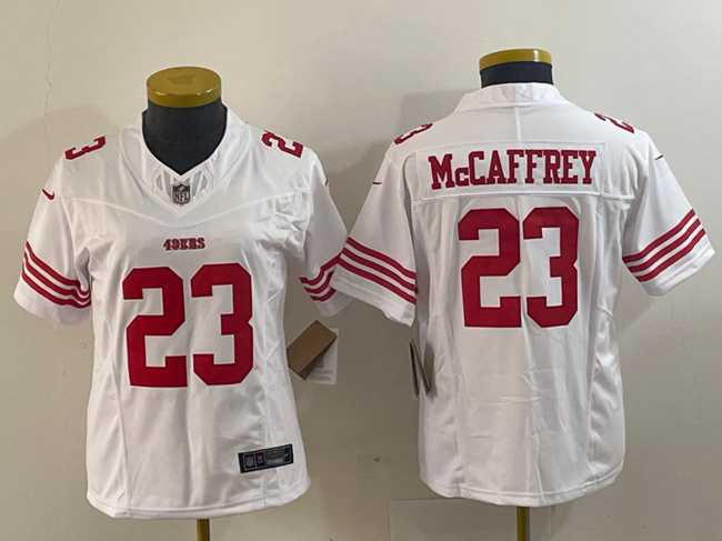 Women%27s San Francisco 49ers #23 Christian McCaffrey White 2023 F.U.S.E. Vapor Untouchable Football Stitched Jersey(Run Small)